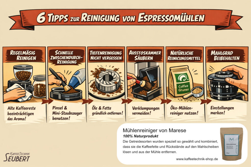 Infografik mit sechs Tipps für das Reinigen von Espressomühlen, mit Hilfe von KI generiert