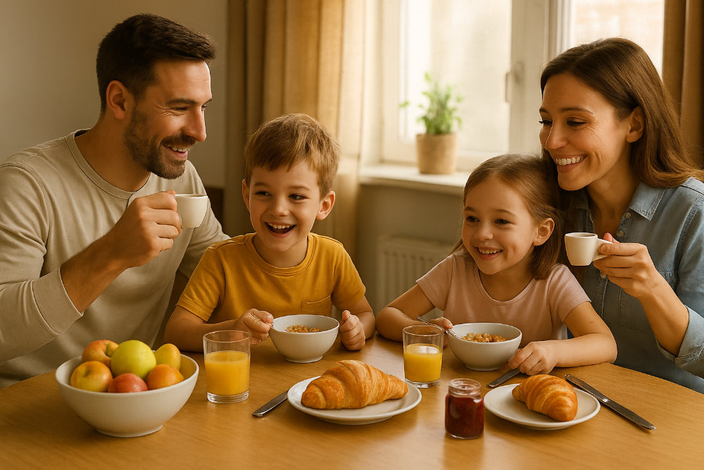 KI generiertes Bild einer Familie beim Frühstück.