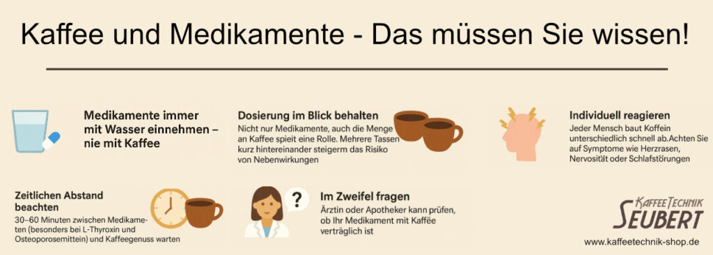 Infografik zum Thema was bei Kaffeegenuss und Medikamenten zu beachten ist.