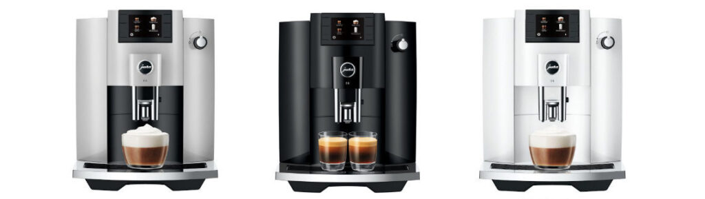 Die JURA E6 ist in den Varianten Platin, Piano Black und Piano White vefügbar.