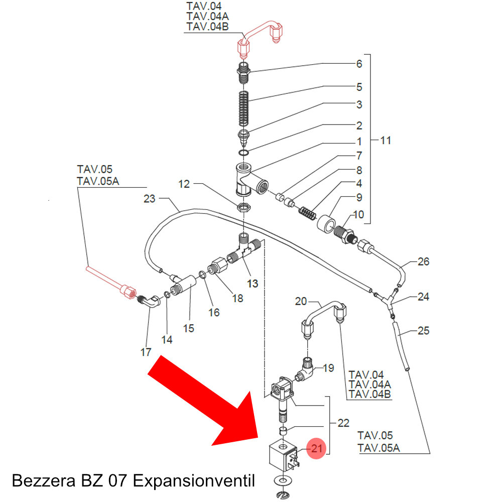 Explosionszeichnung des Expansionsventils einer BZ07