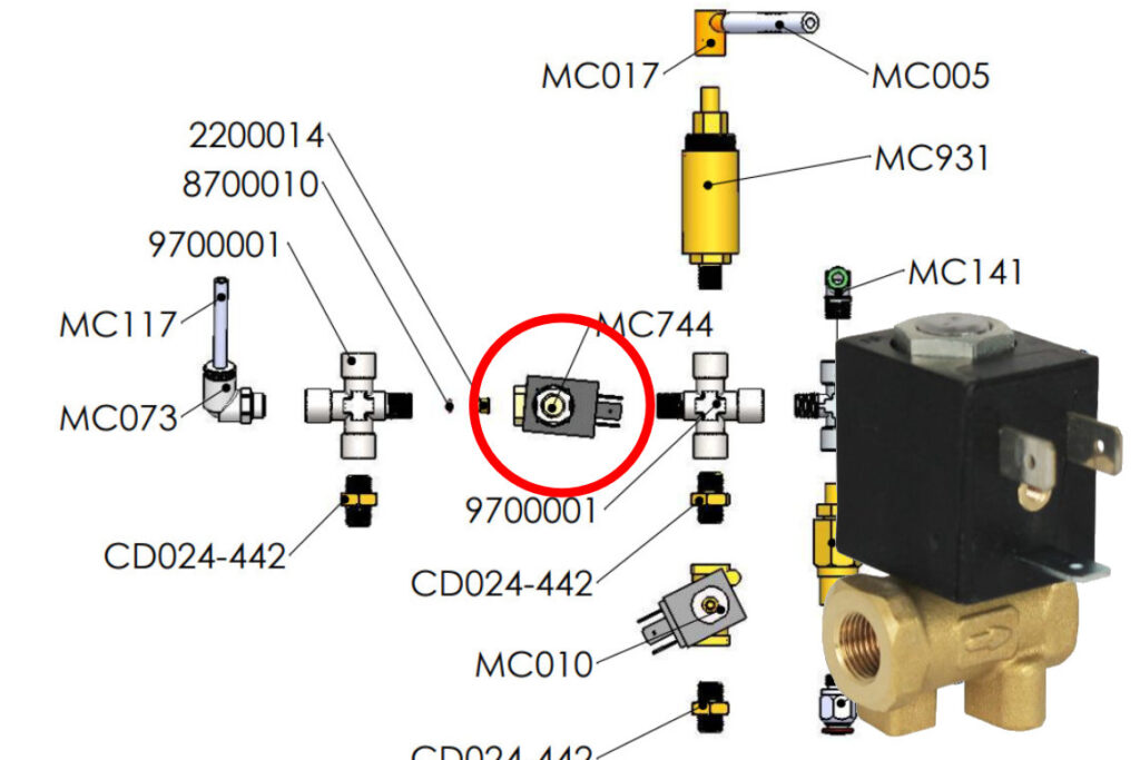 Explosionszeichnung Lelit Mara X mit abgebildeten 2-Wege-Magnetventil