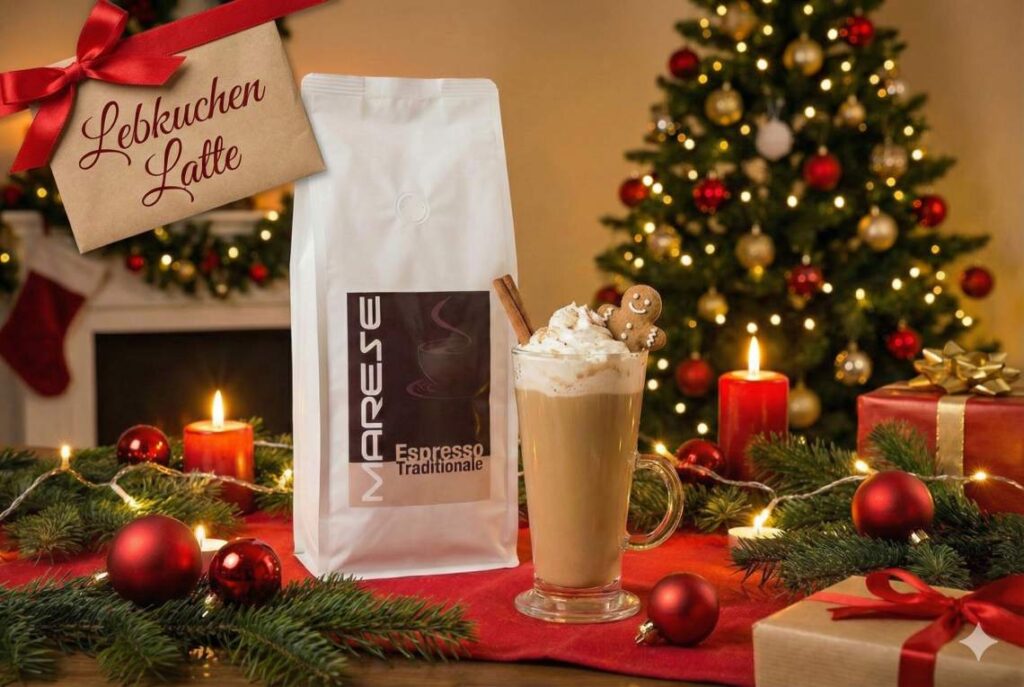 KI generiertes Bild eines Lebkuchen Latte und einer Packung Marese Espresso Traditionale.