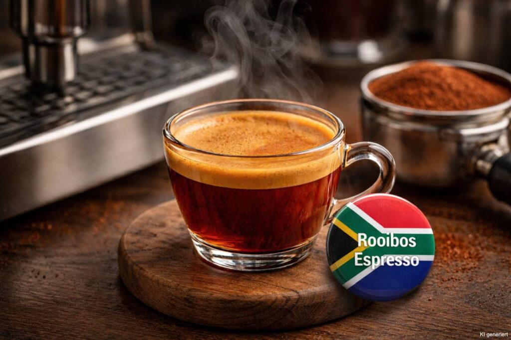 KI generiertes Bild einer Tasse aus Glas mit einem Rooibos Espresso.