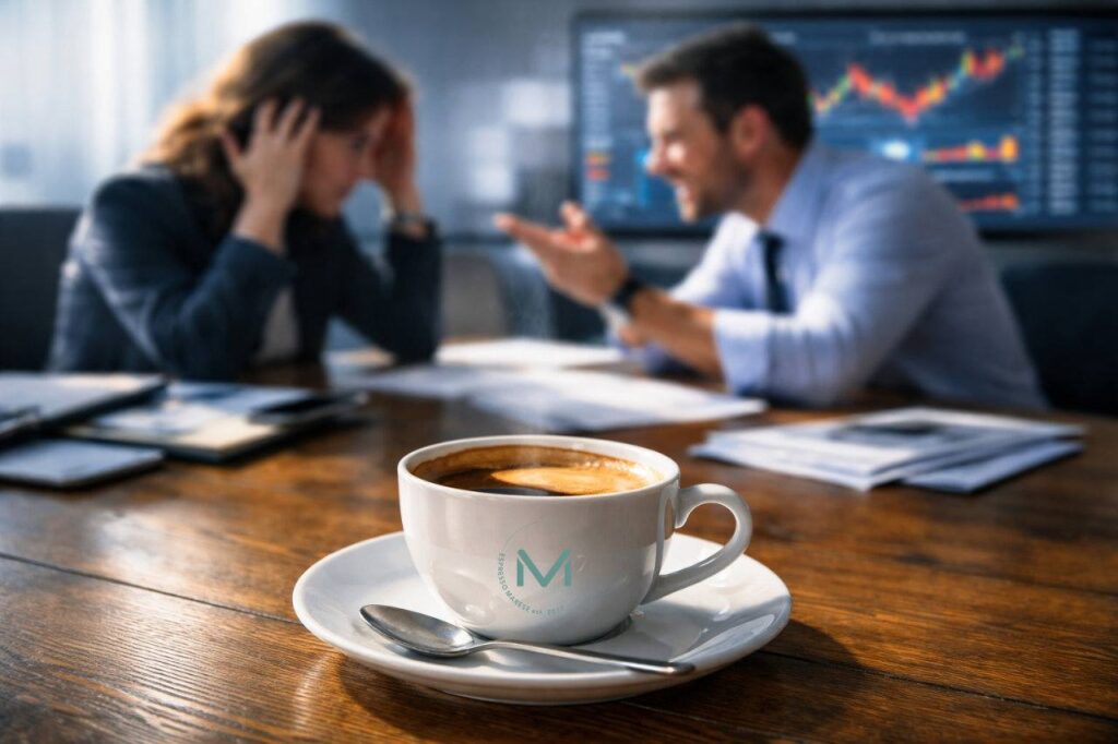 KI generiertes Bild eine Tasse Kaffee im Vordergrund und zwei gestresste Angestellte bei einem Meeting im Hintergrund