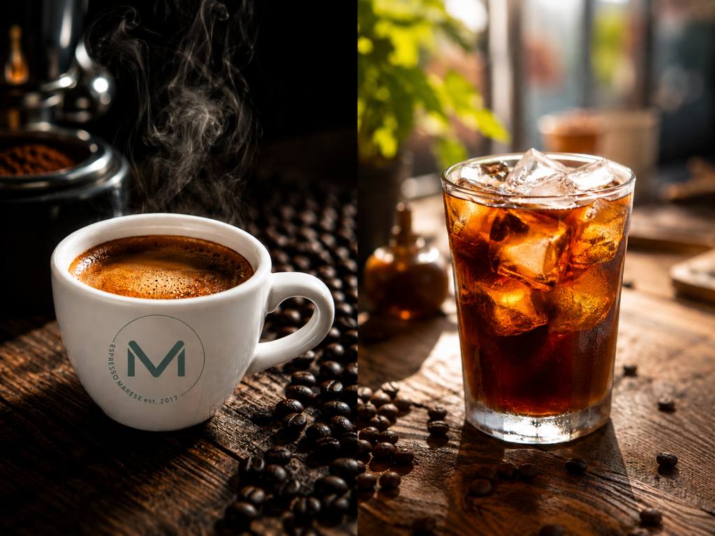 Mit KI generiertes Bild einer Tasse Kaffee und eines Cold Brew.