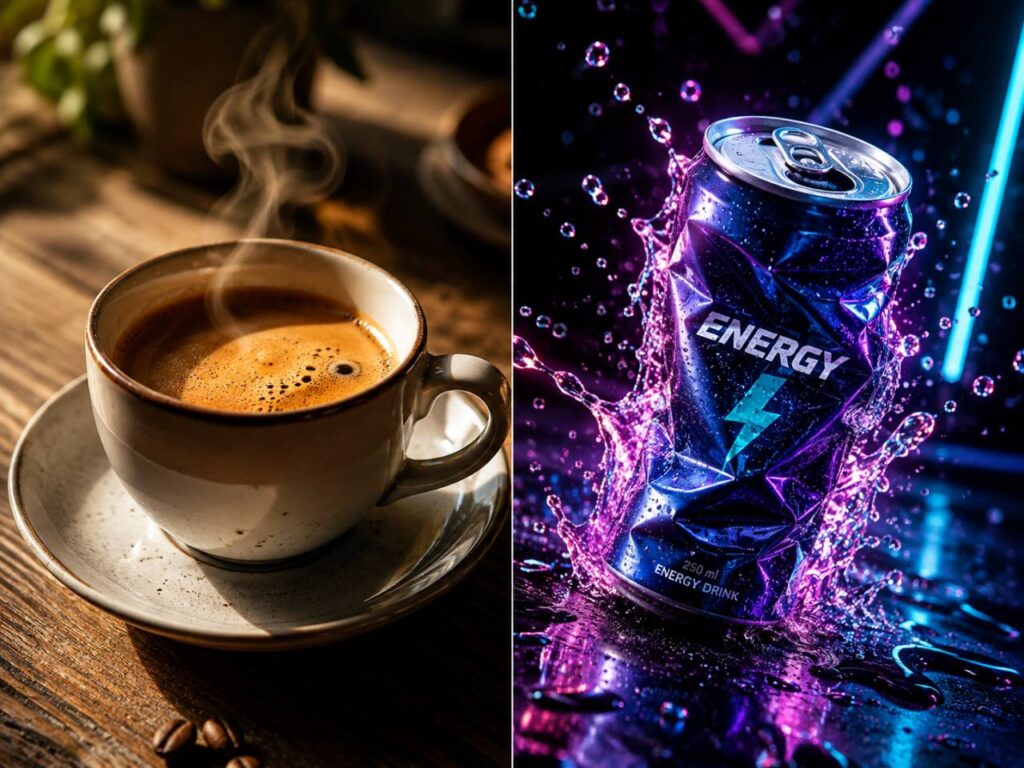 Espresso vs. Energydrink (Bild: KI generiert)
