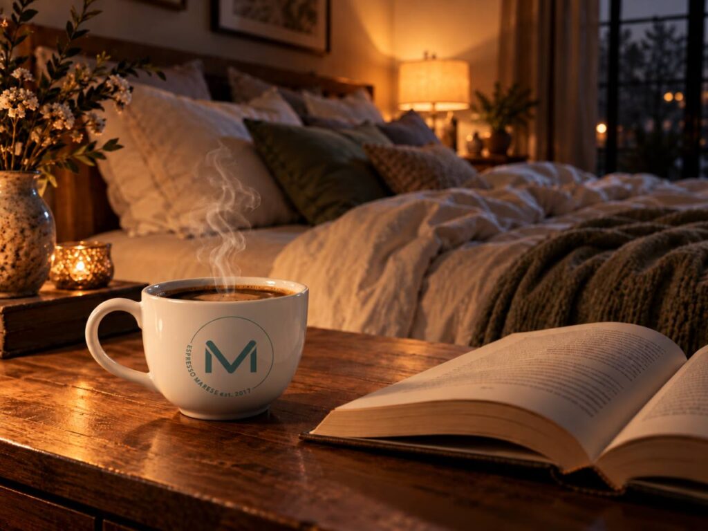 mit KI generierte Szene: Tasse Kaffee vor einem Bett am Abend