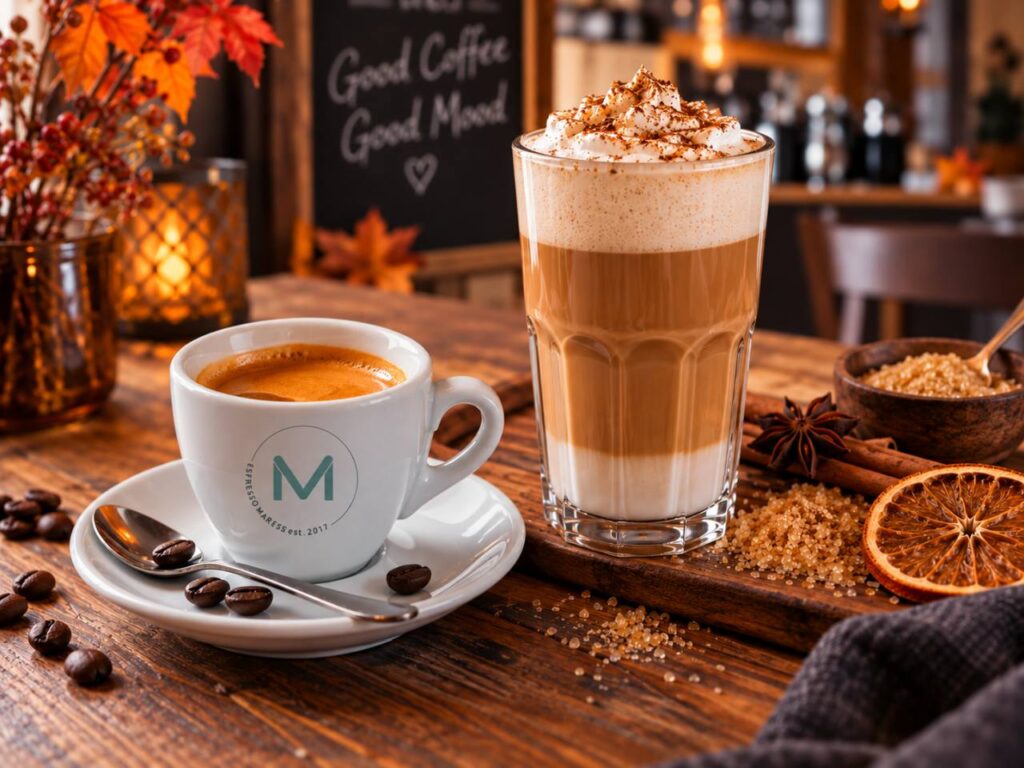 KI generiert: Herbstliche Szene mit Espressotasse und Latte Macchiato