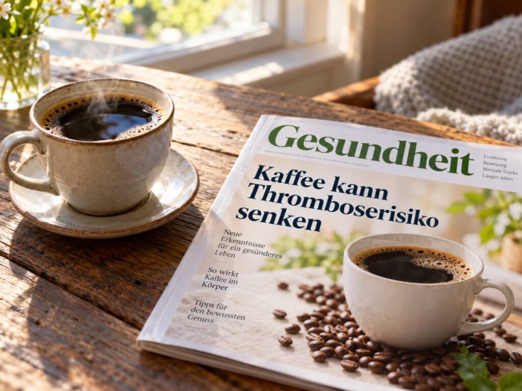 KI generiertes Bild eines Tisches mit Kaffeetasse und Gesundheitsmagazin.