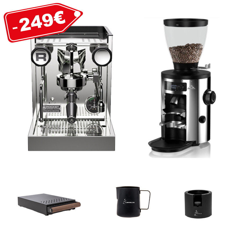 Rocket Espresso: Appartamento TCA chrom / schwarz Set mit Mühle und Zubehör